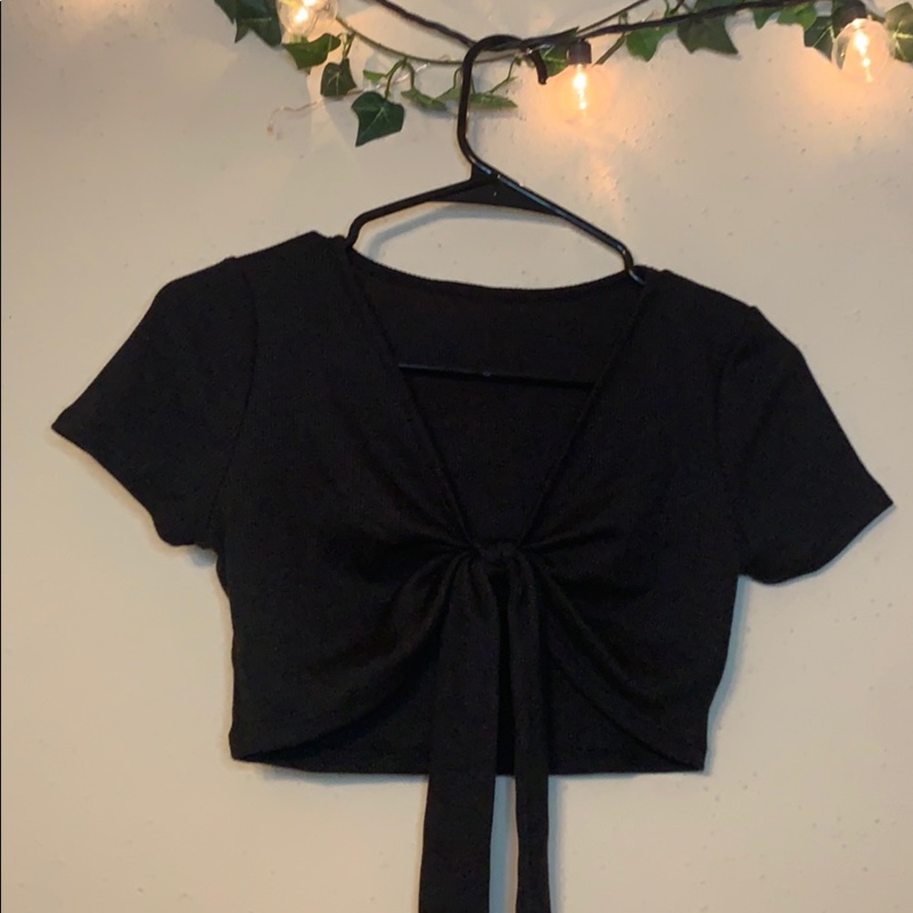 Fashionable petite tie in the front crop top.